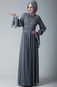 gri tesettürlü abiye elbise modelleri