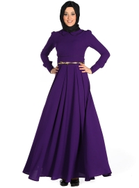 minel aşk özel tasarım mor gold kemerli kloş etekli tesettür elbise